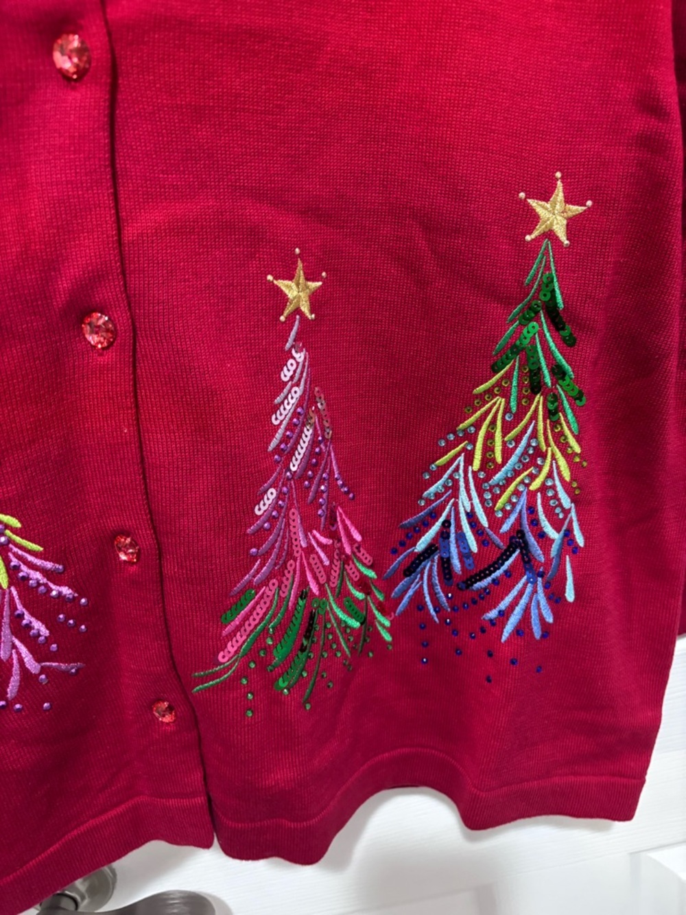 QUACKER FACTORY NWT Red Embellished Christmas Tree Knit Button Up Cardigan - Picture 6 of 13